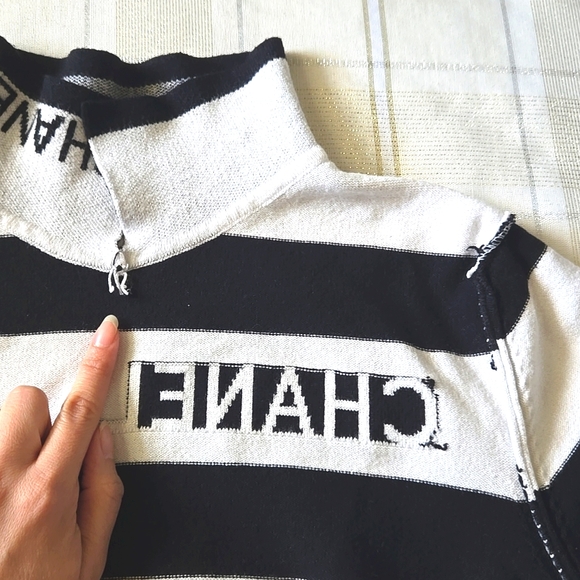 Black & White Striped Collared Sweater - Picture 7 of 11